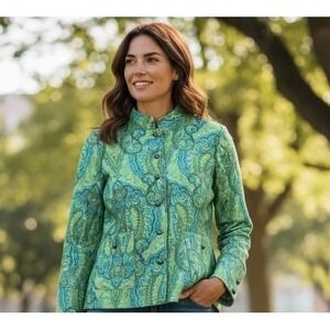 Coldwater Creek Womens Medium Green Paisley Tapestry Button Front Jacket